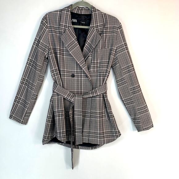 ZARA Plaid Belted Blazer Women’s Size Small Checkered Career Lightweight Jacket - Picture 1 of 9